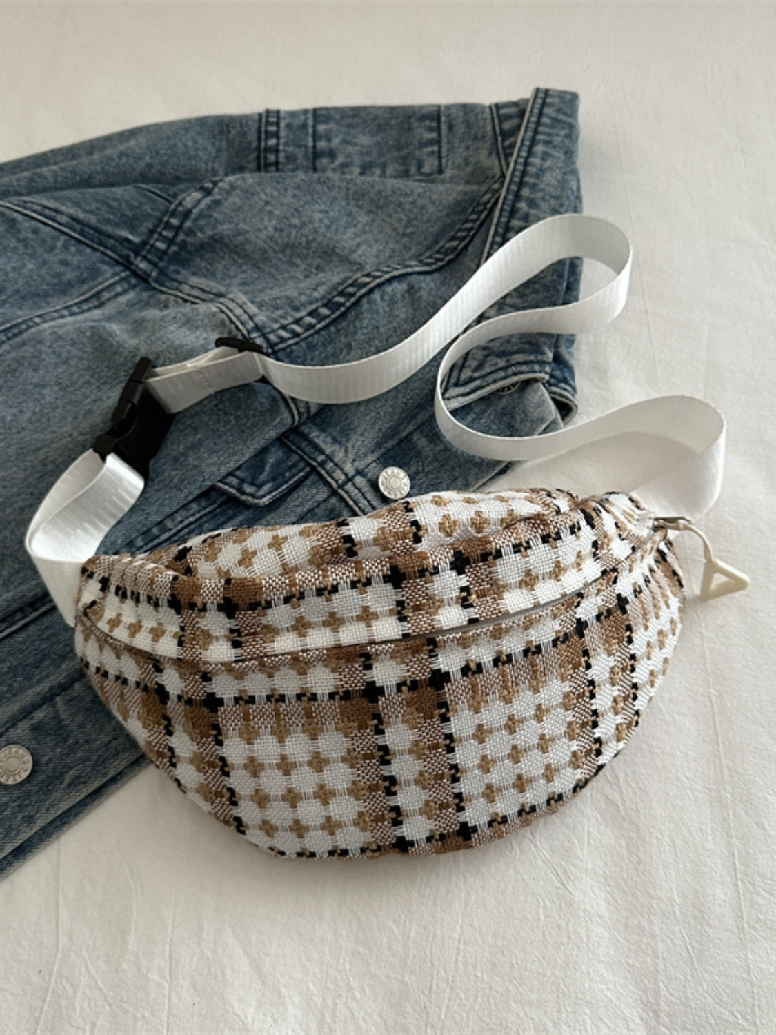 Plaid Wide Strap Crossbody Bag - Khaki / One Size