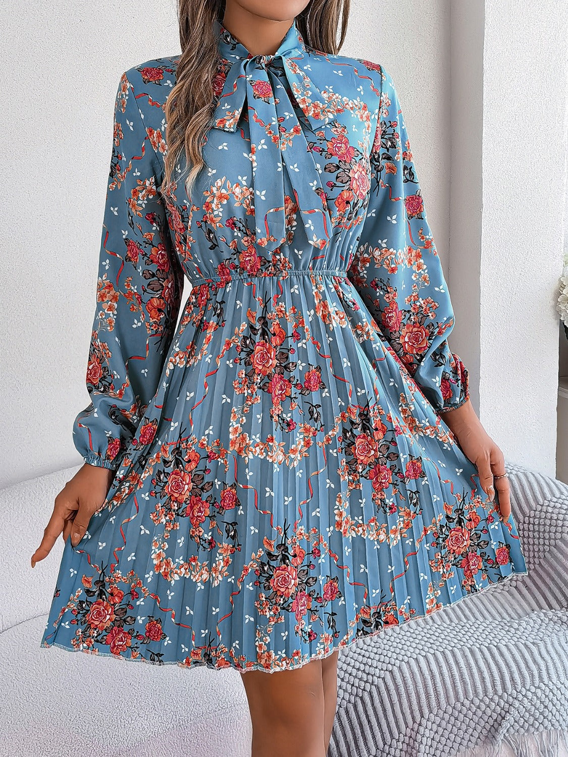 Pleated Printed Tie Neck Long Sleeve Dress - Dusty Blue / S