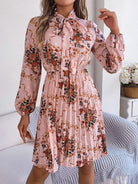 Pleated Printed Tie Neck Long Sleeve Dress - Dusty Pink / S