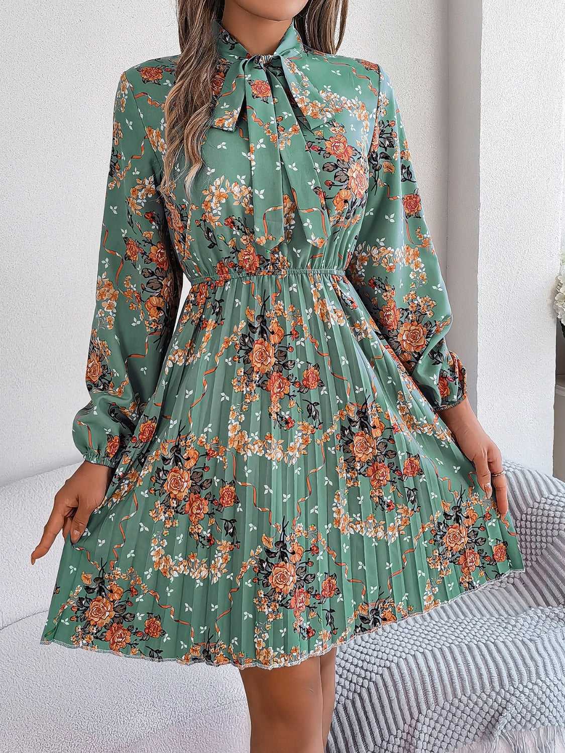 Pleated Printed Tie Neck Long Sleeve Dress - Sage / S