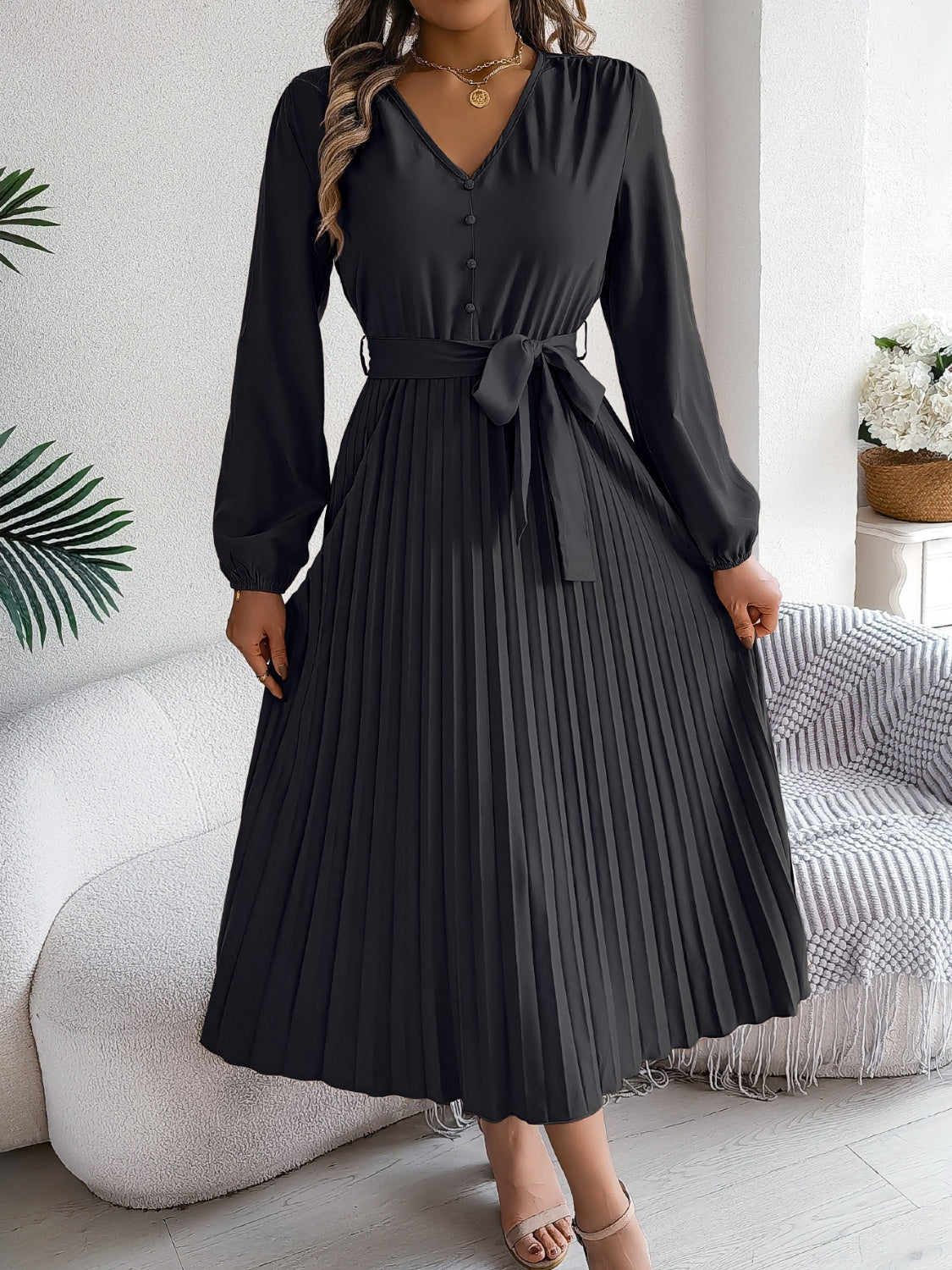 Pleated Tied V-Neck Long Sleeve Dress - Black / S