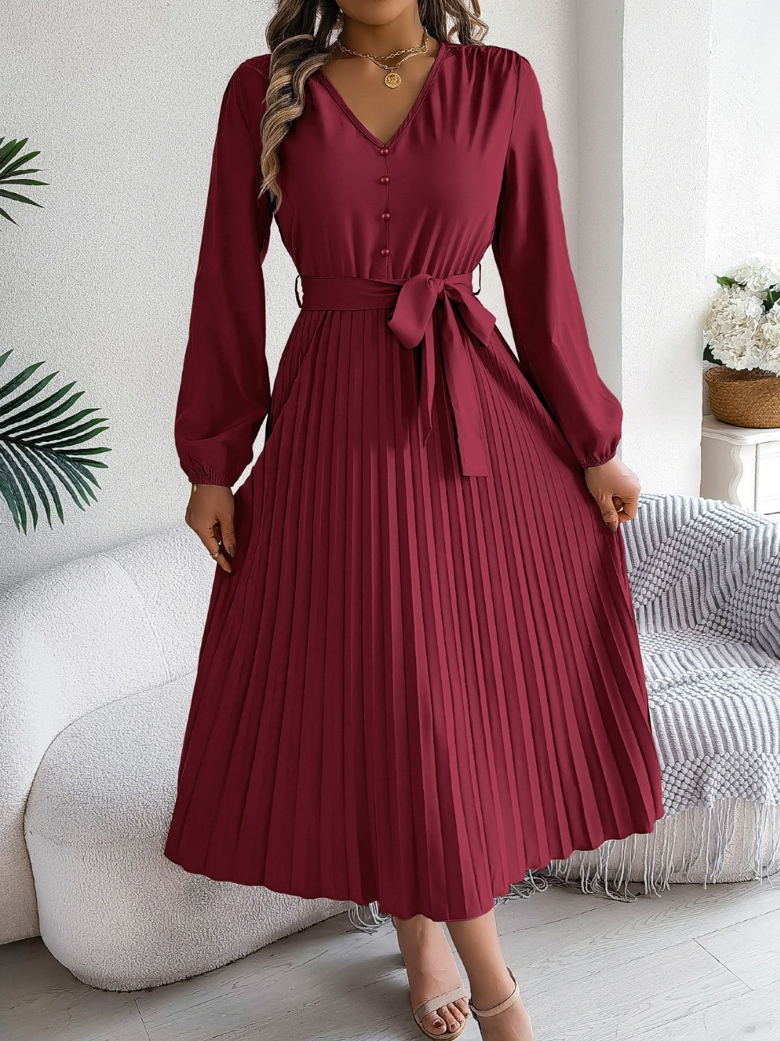 Pleated Tied V-Neck Long Sleeve Dress - Burgundy / S