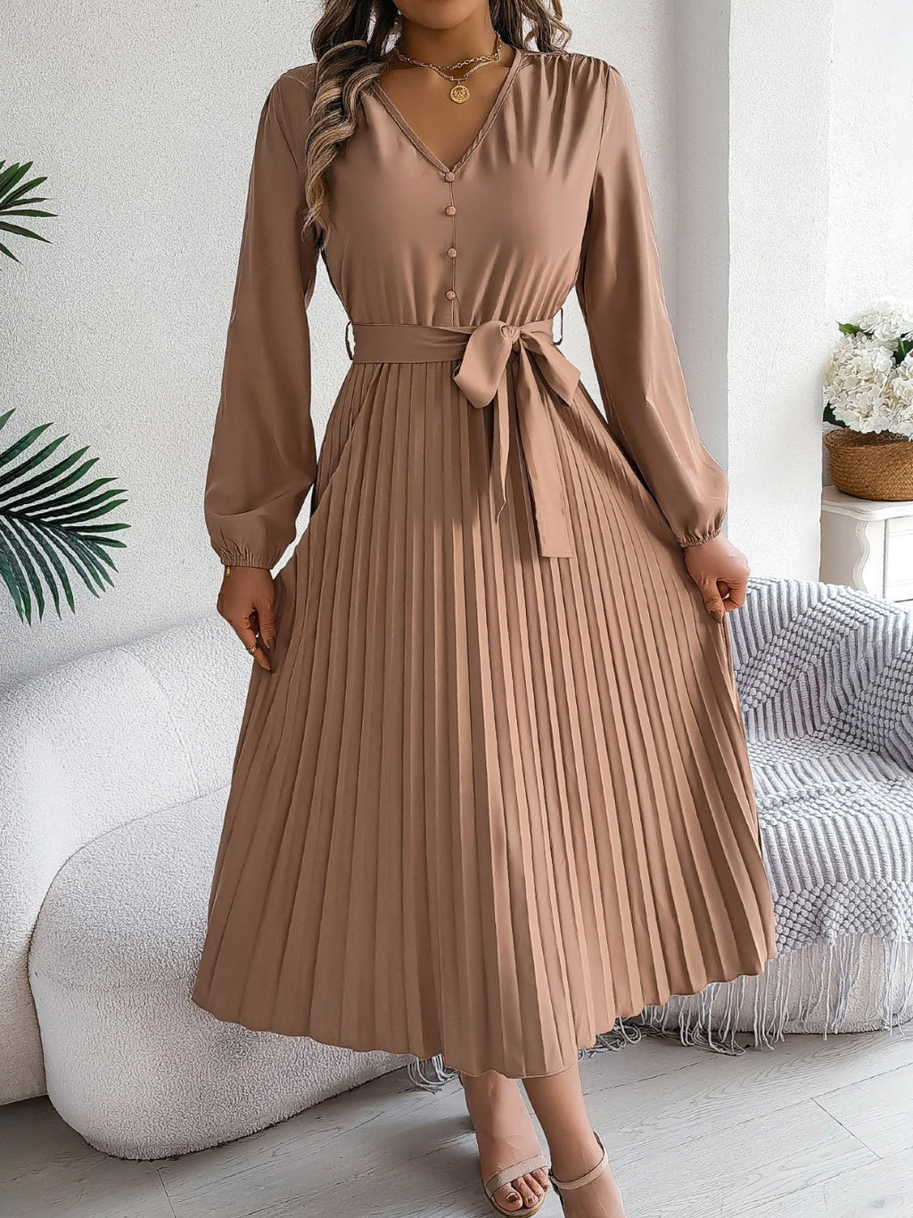 Pleated Tied V-Neck Long Sleeve Dress - Camel / S