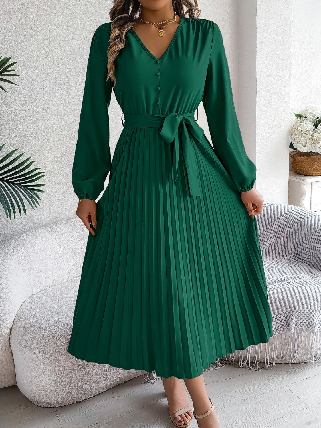 Pleated Tied V-Neck Long Sleeve Dress - Dark Green / S