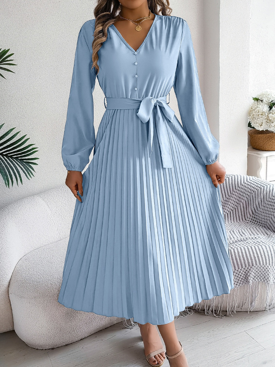 Pleated Tied V-Neck Long Sleeve Dress - Light Blue / S