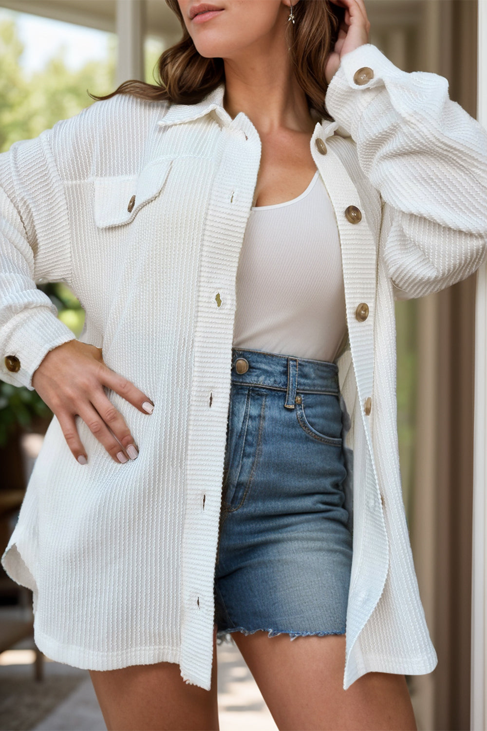 Plus Size Button Up Long Sleeve Jacket - White / 1XL