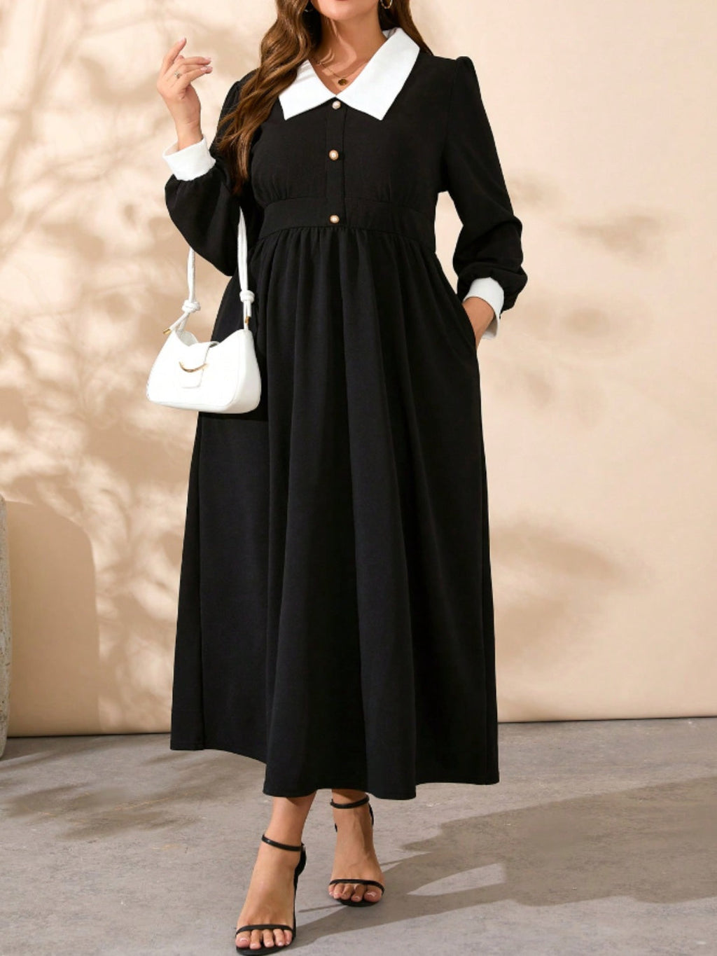 Plus Size Contrast Collared Neck Long Sleeve Midi Dress - Black / 0XL