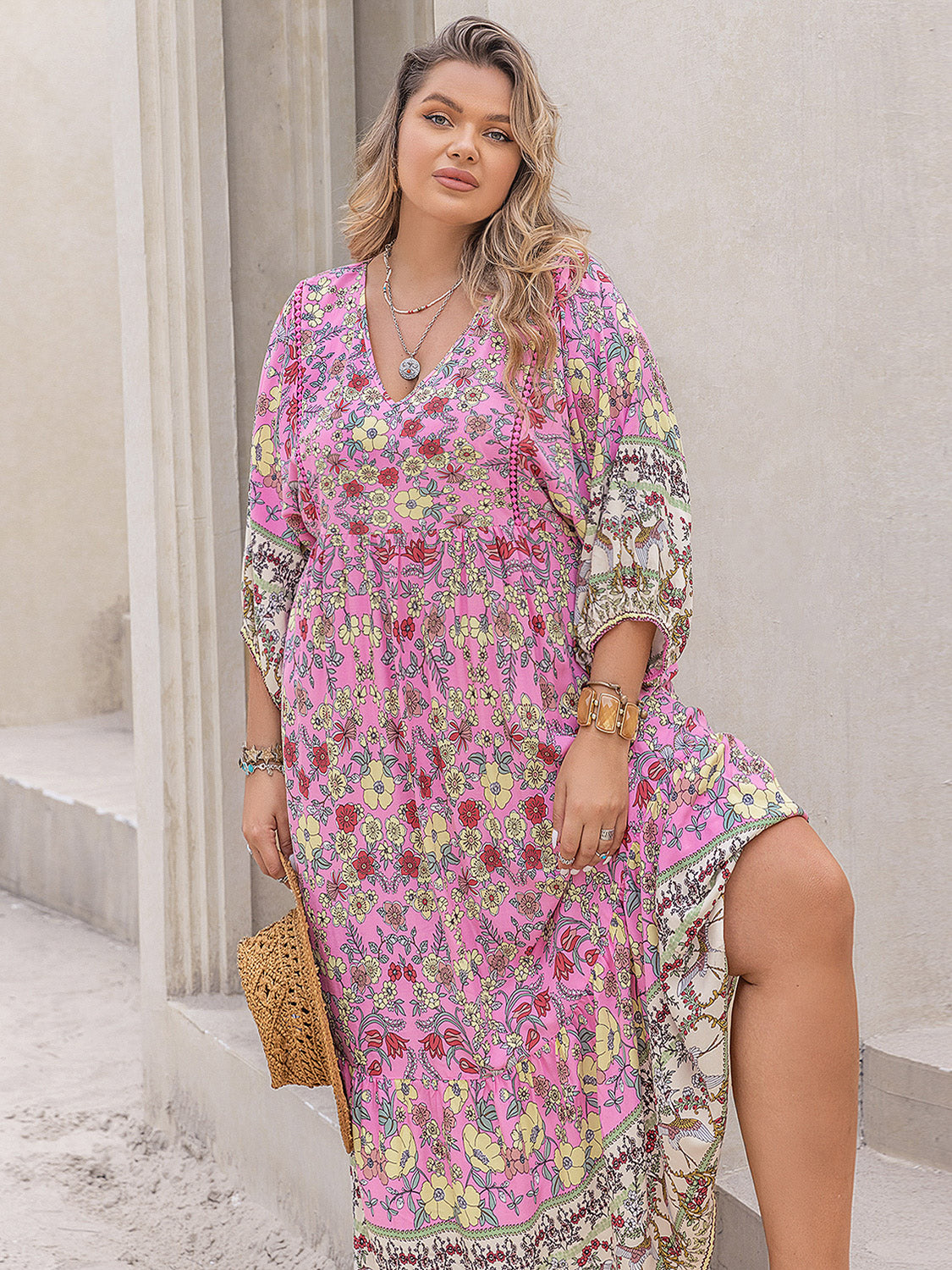 Plus Size Floral V-Neck Balloon Sleeve Midi Dress - Carnation Pink / 0XL