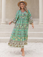 Plus Size Floral V-Neck Balloon Sleeve Midi Dress - Mid Green / 0XL