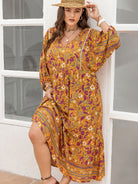 Plus Size Floral V-Neck Balloon Sleeve Midi Dress - Sherbet / 0XL