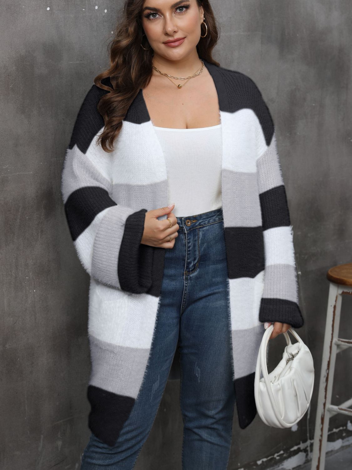 Plus Size Open Front Long Sleeve Cardigan - Black / 0XL