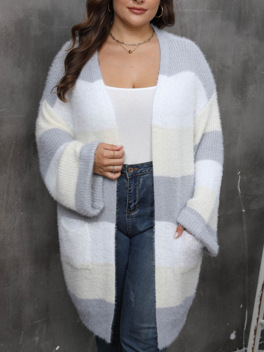 Plus Size Open Front Long Sleeve Cardigan - Pastel Yellow / 0XL