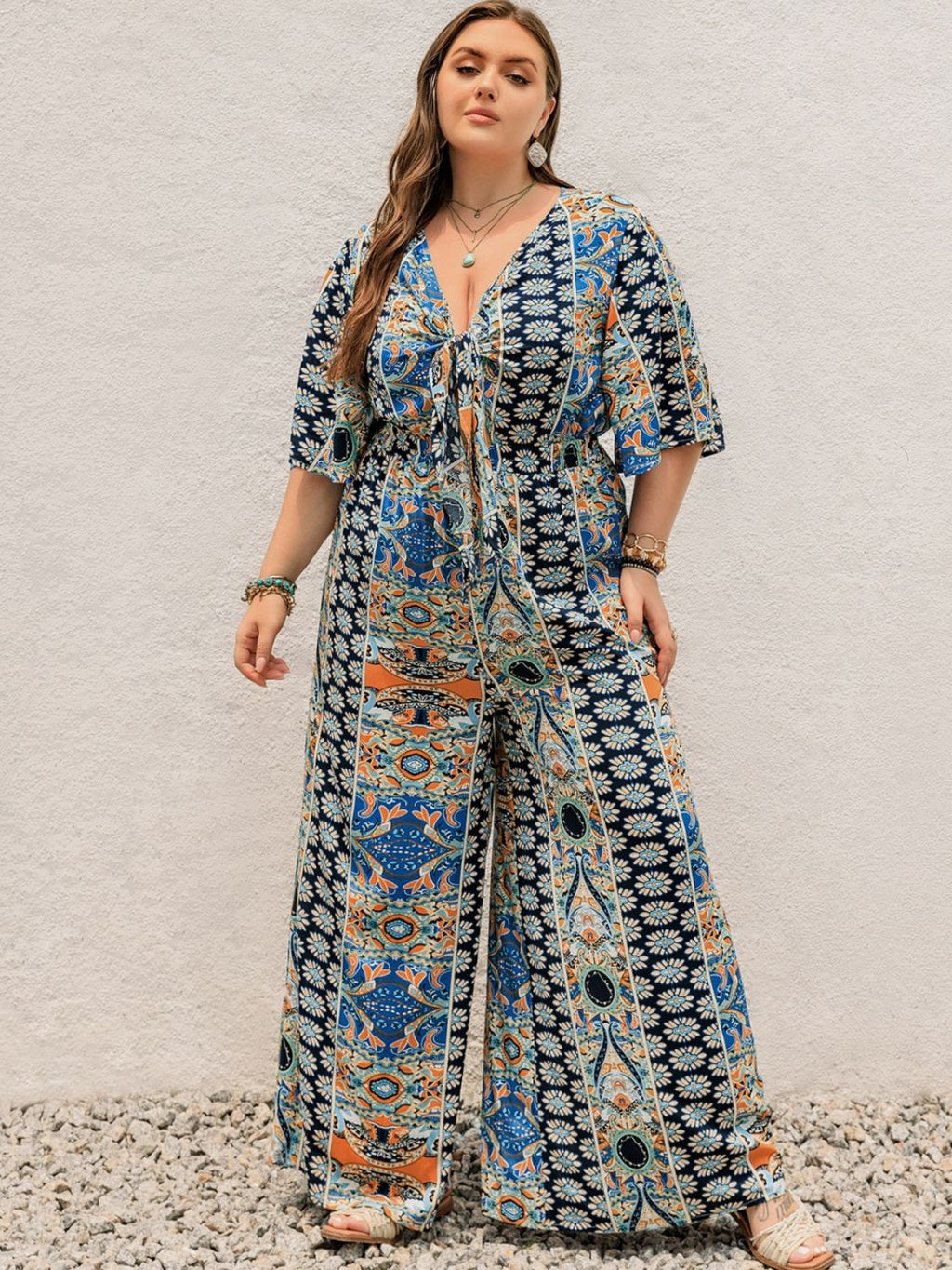 Plus Size Printed Half Sleeve Wide Leg Jumpsuit - Peacock Blue / 0XL