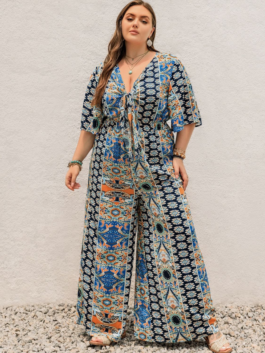 Plus Size Printed Half Sleeve Wide Leg Jumpsuit - Peacock Blue / 0XL