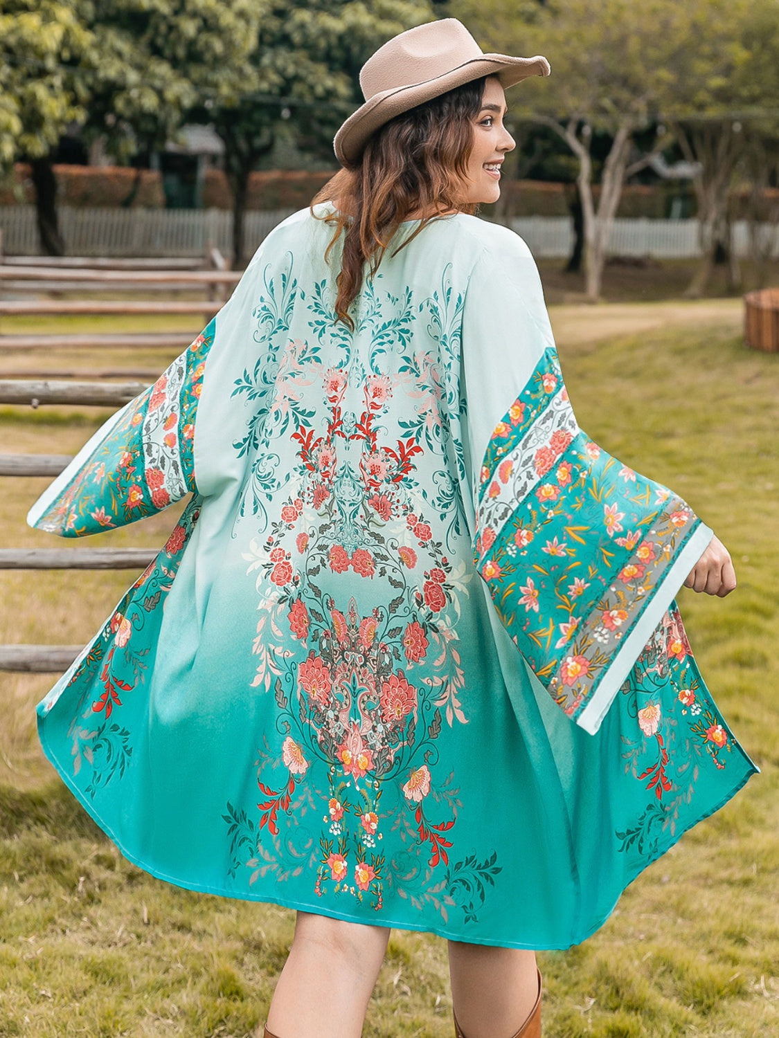 Plus Size Printed Open Front Long Sleeve Cover Up - Turquoise / 1XL