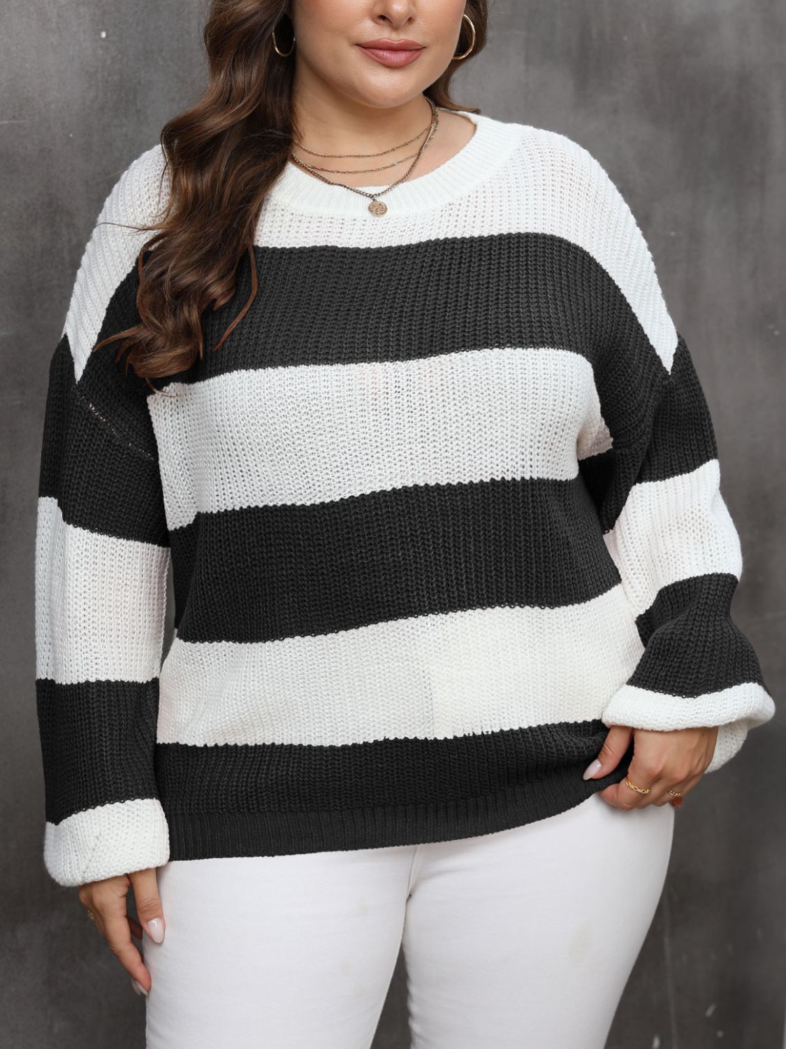 Plus Size Striped Round Neck Long Sleeve Sweater - Black / 0XL