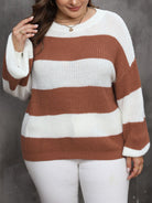 Plus Size Striped Round Neck Long Sleeve Sweater - Brown / 0XL