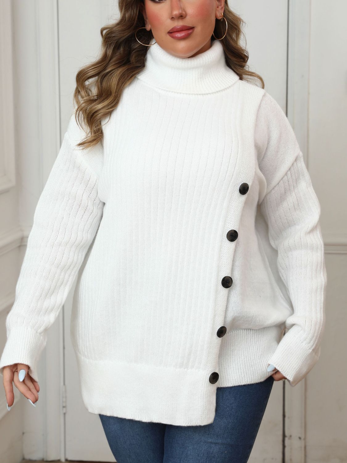 Plus Size Turtleneck Long Sleeve Sweater - White / 0XL