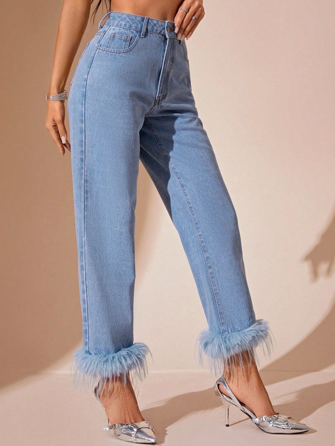 Plush Hem High Rise Straight Jeans - Light / XS