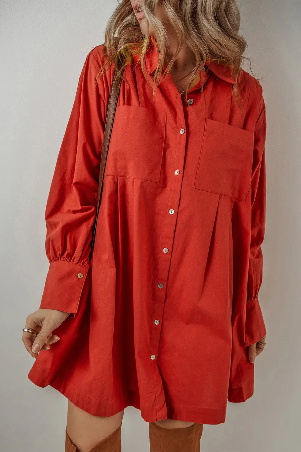 Pocketed Button Down Long Sleeve Shirt Dress - Red / S