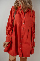 Pocketed Button Down Long Sleeve Shirt Dress - Red / S