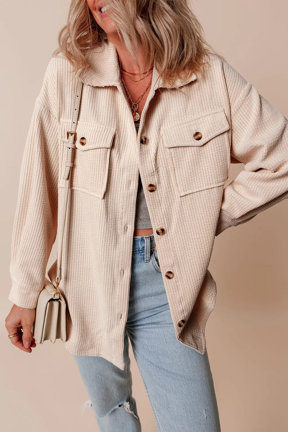 Pocketed Button Up Dropped Shoulder Shacket - Beige / S