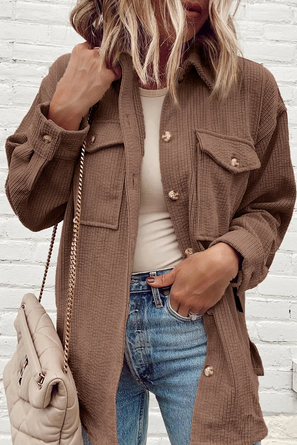 Pocketed Button Up Dropped Shoulder Shacket - Brown / S
