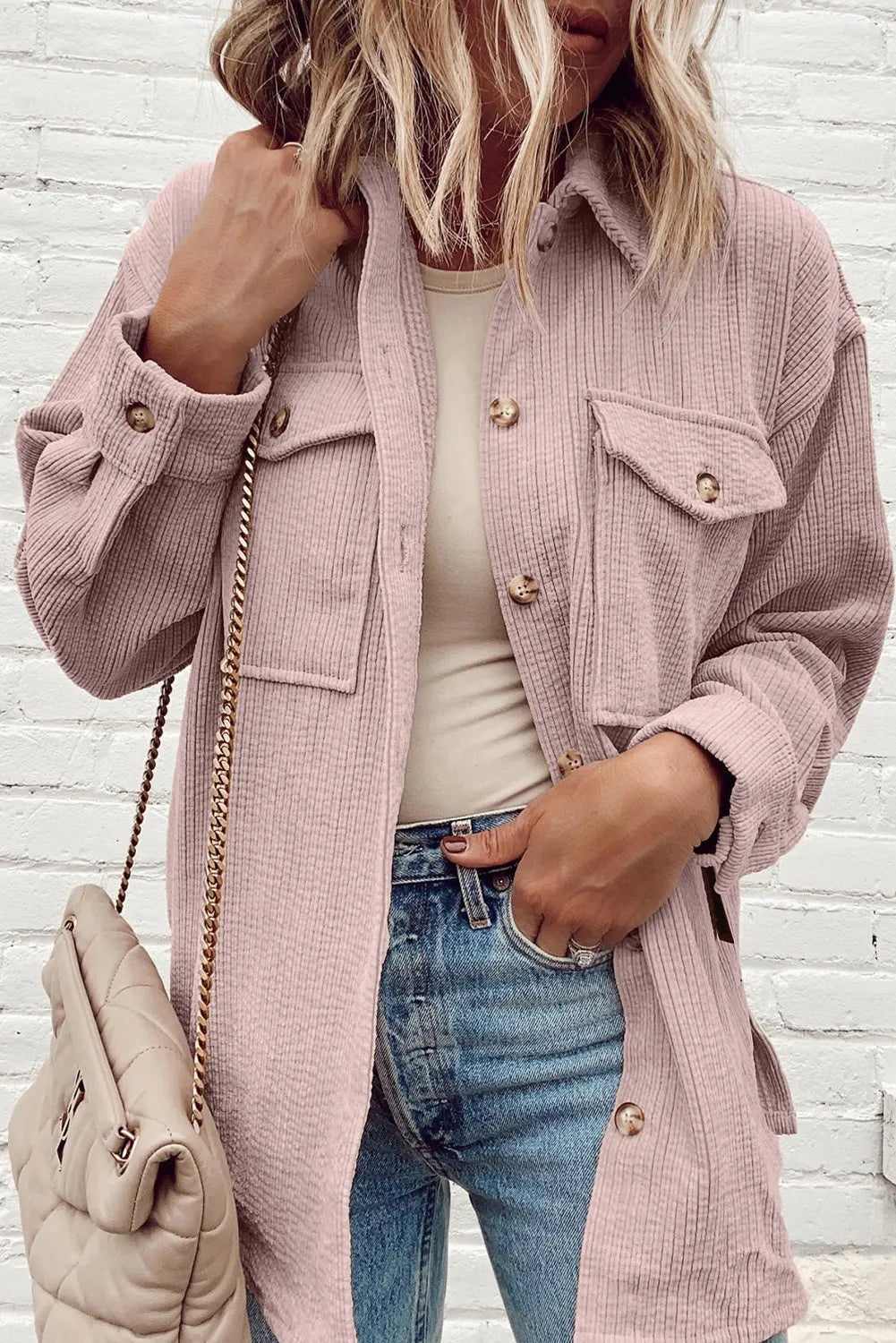 Pocketed Button Up Dropped Shoulder Shacket - Dusty Pink / S
