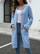 Pocketed Button Up Long Sleeve Hooded Cardigan - Light Blue / One Size