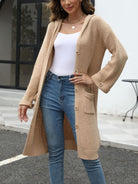 Pocketed Button Up Long Sleeve Hooded Cardigan - Tan / One Size