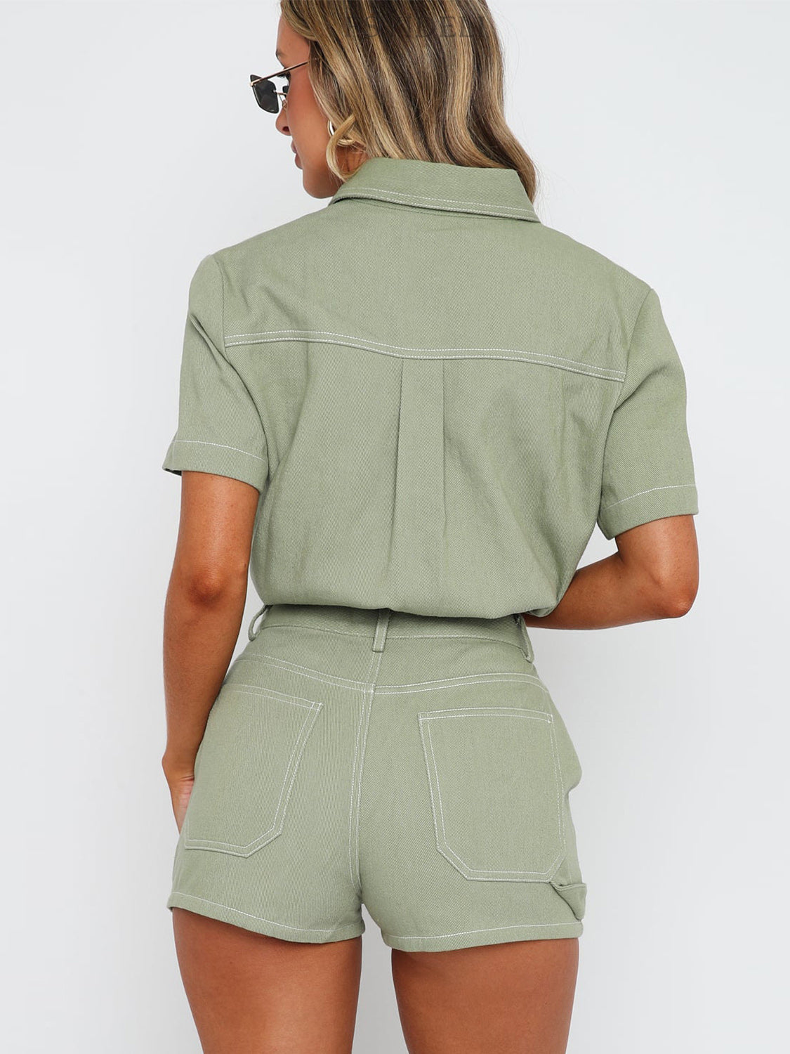 Pocketed Button Up Top and Shorts Set - Sage / S