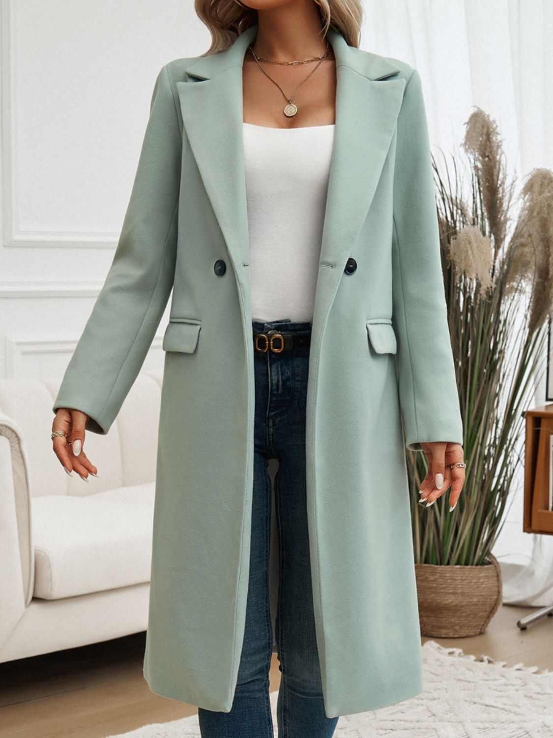 Pocketed Collared Neck Long Sleeve Coat - Sage / S