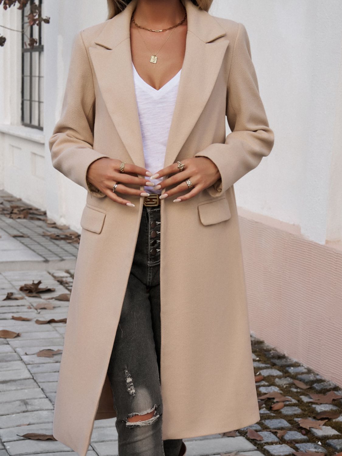 Pocketed Collared Neck Long Sleeve Coat - Tan / S