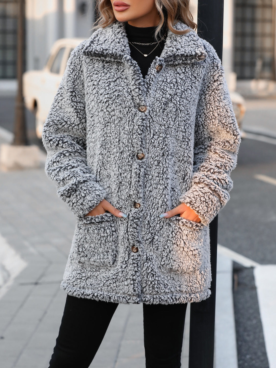 Pocketed Collared Neck Long Sleeve Plush Jacket - Black / S
