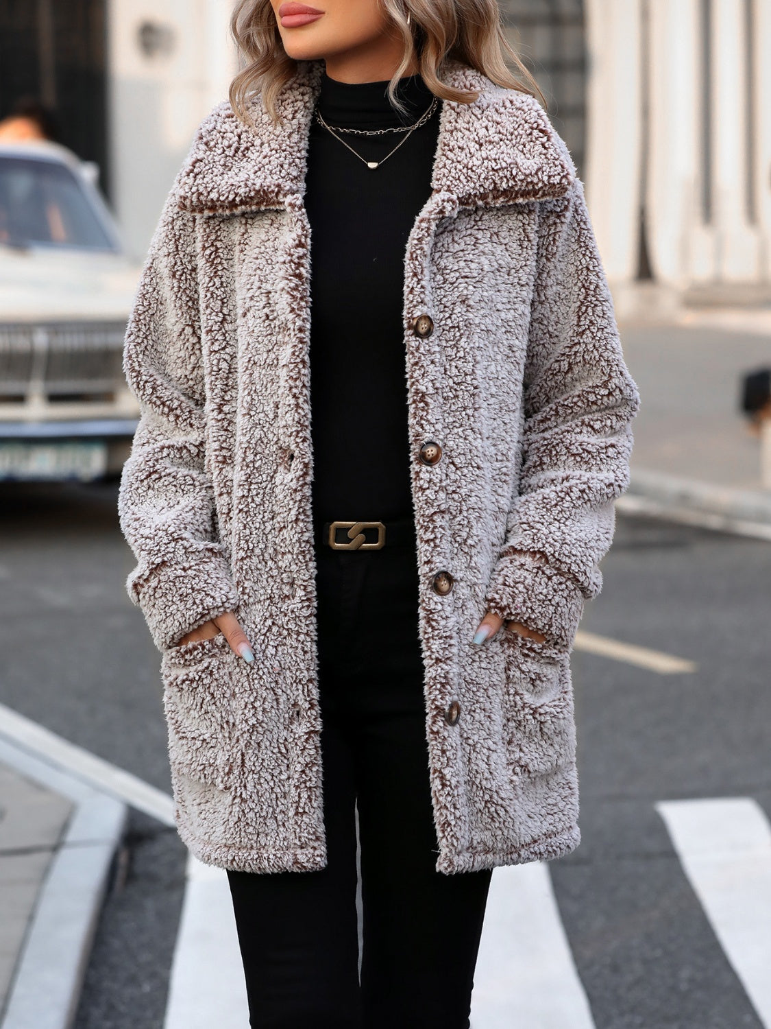 Pocketed Collared Neck Long Sleeve Plush Jacket - Taupe / S