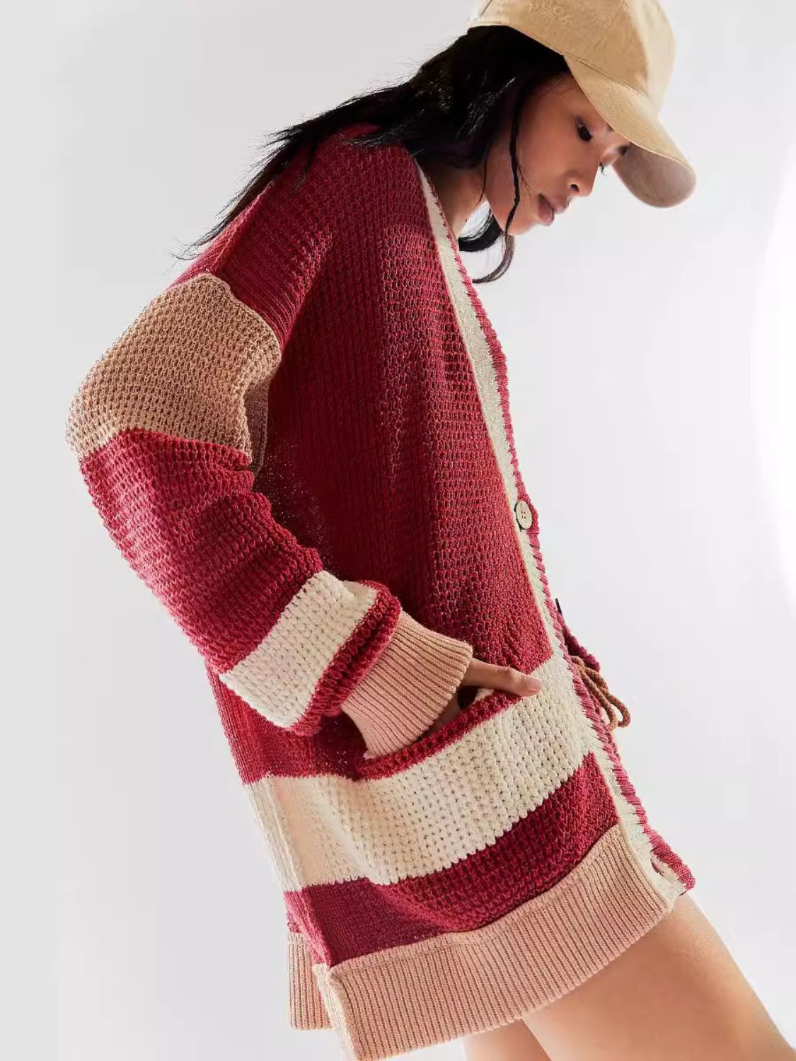 Pocketed Contrast V-Neck Long Sleeve Cardigan - Scarlet / S