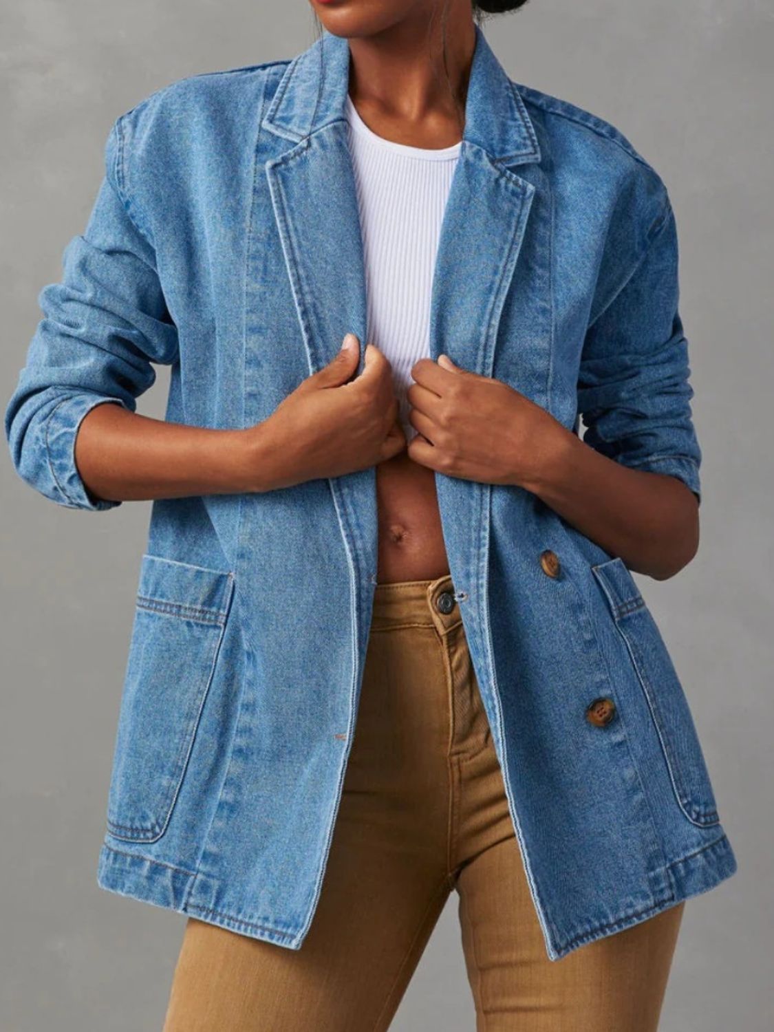 Pocketed Lapel Collar Long Sleeve Denim Jacket - Dusty Blue / S