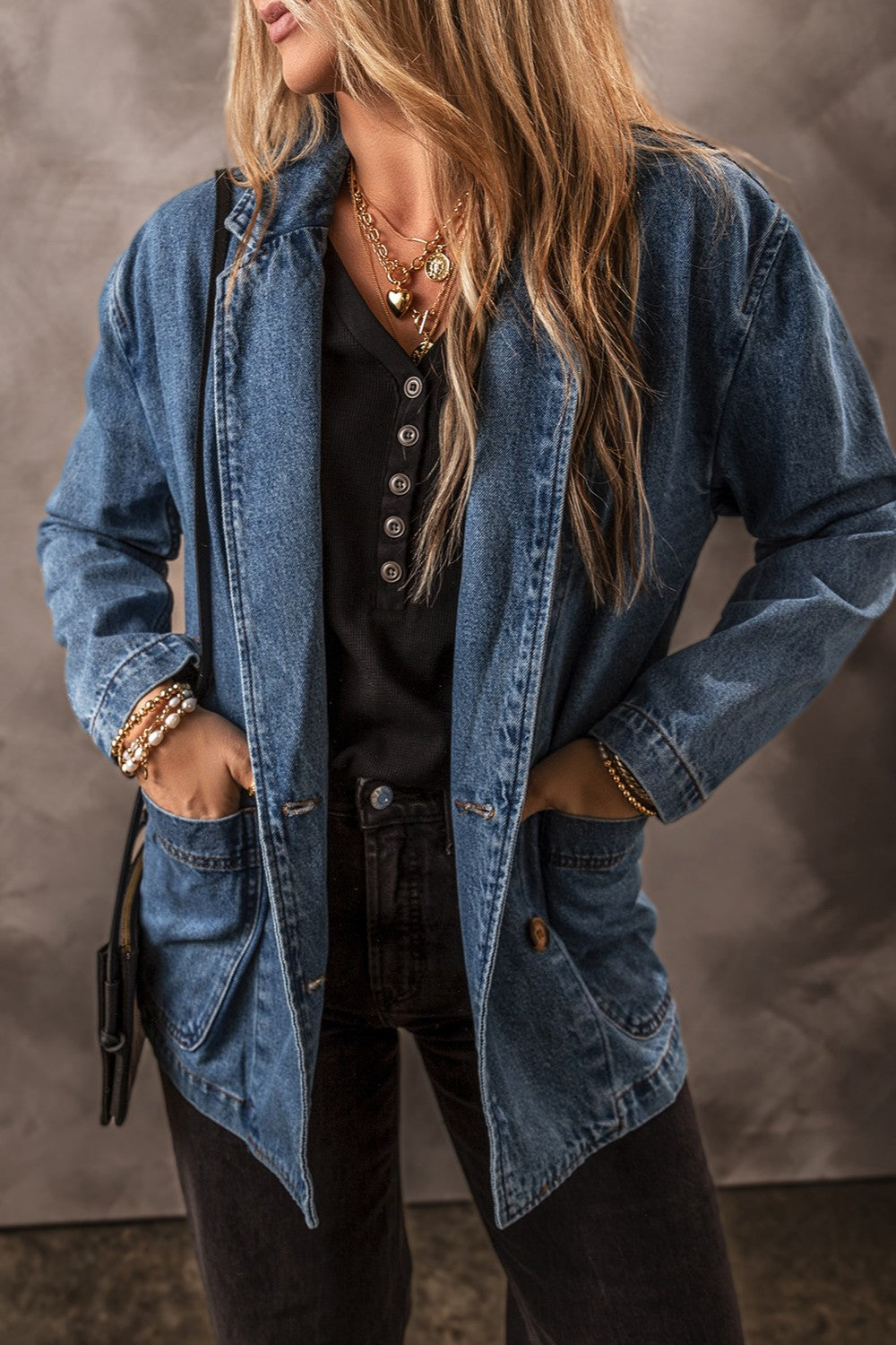 Pocketed Long Sleeve Denim Jacket - Medium / S