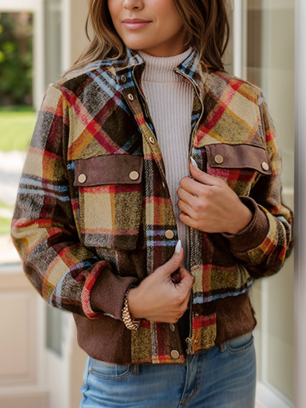 Pocketed Plaid Long Sleeve Jacket - Plaid / S