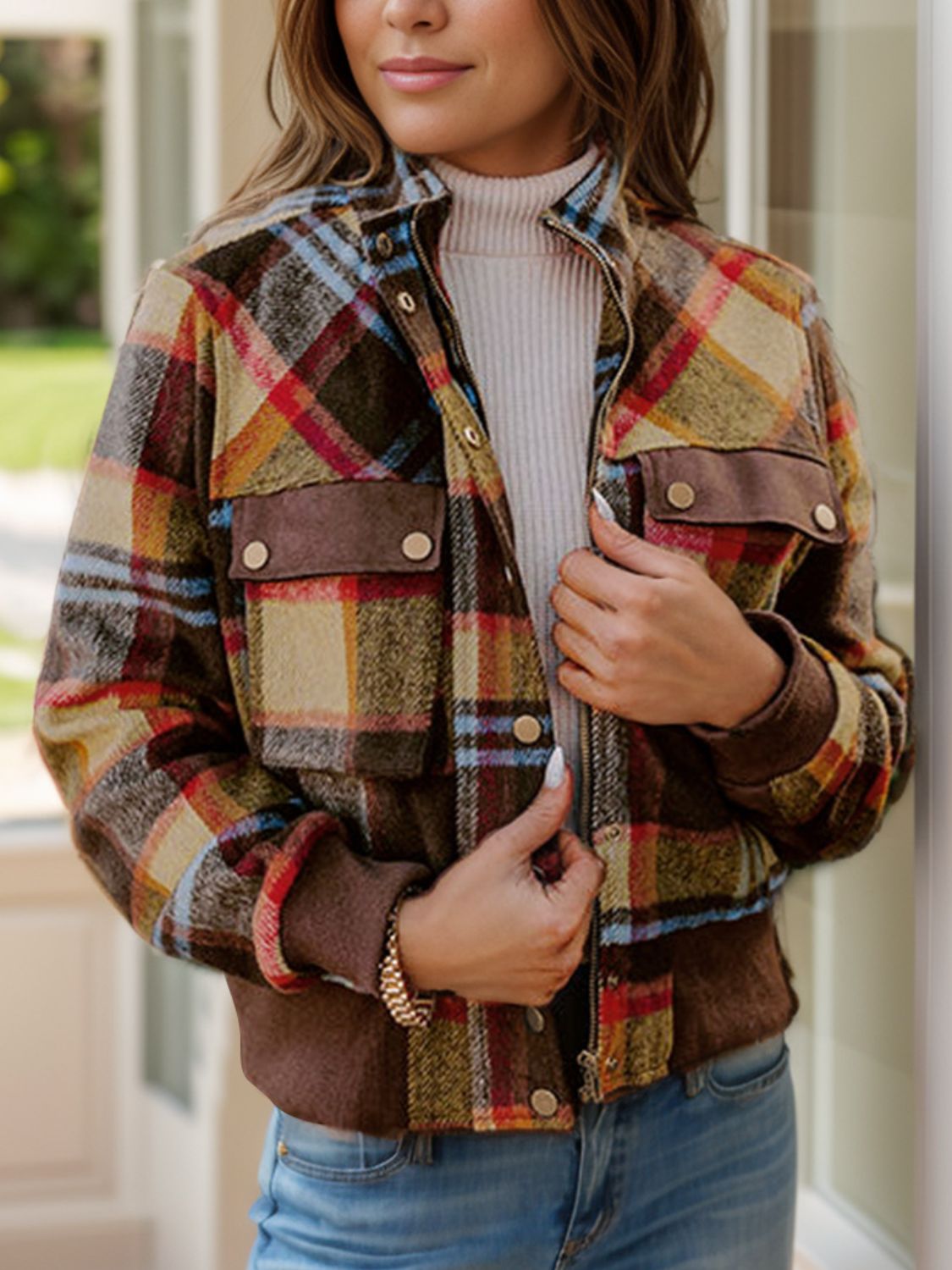 Pocketed Plaid Long Sleeve Jacket - Plaid / S