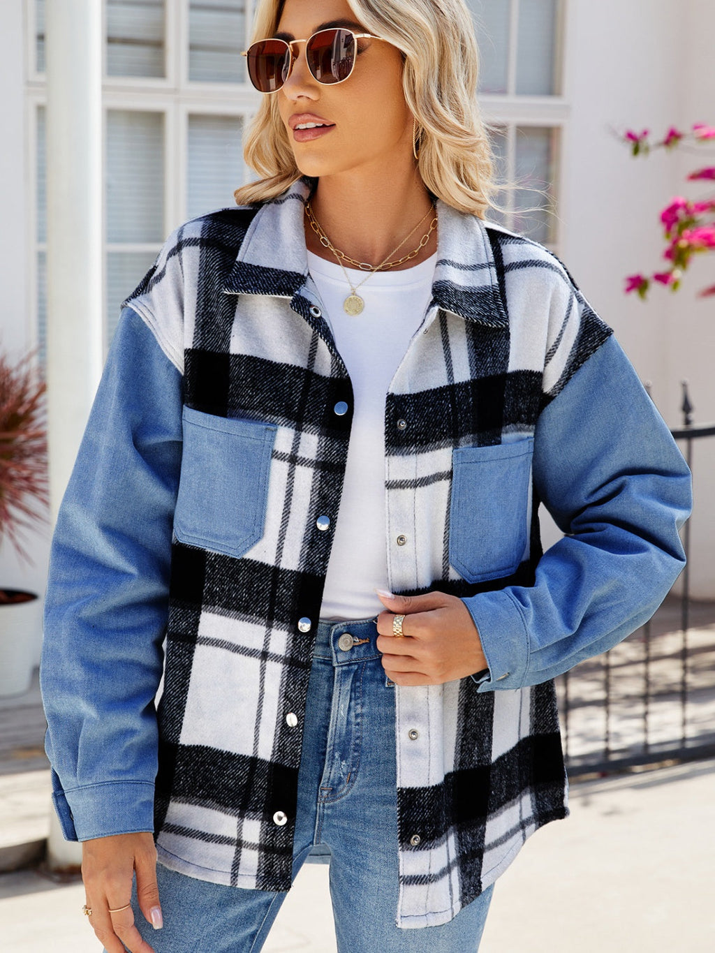 Pocketed Plaid Snap Down Denim Jacket - Dusty Blue / S