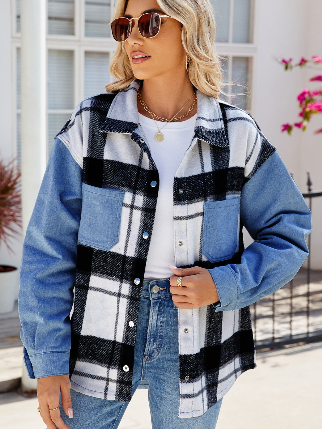 Pocketed Plaid Snap Down Denim Jacket - Dusty Blue / S