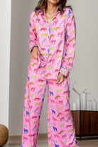 Pocketed Printed Top and Pants Lounge Set - Pink / S