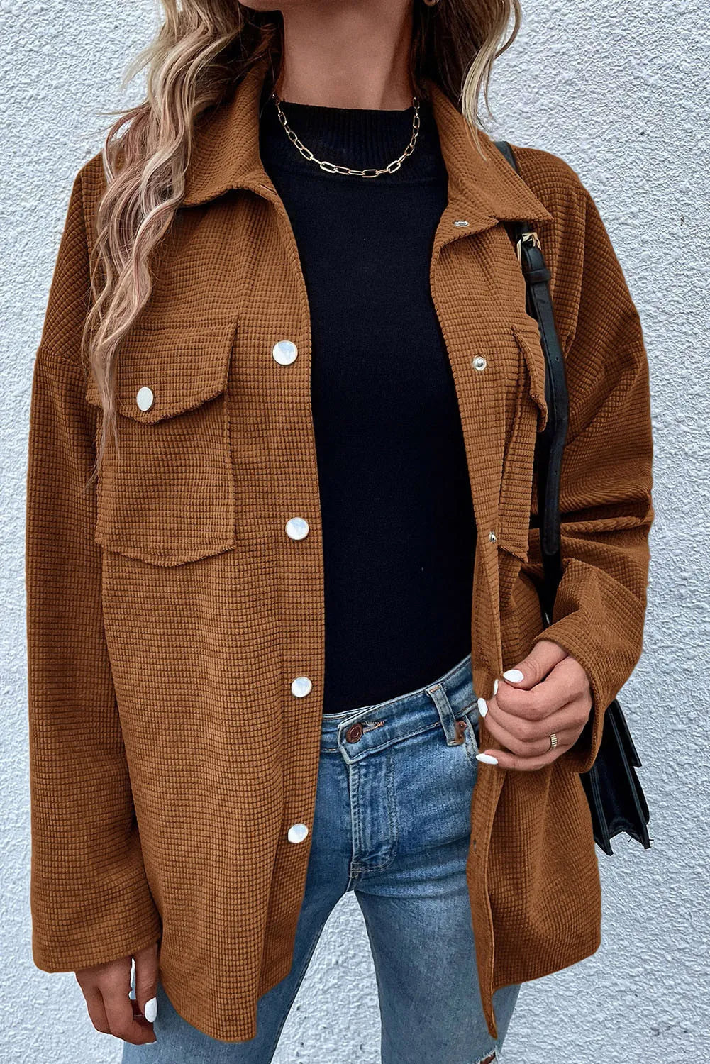 Pocketed Snap Down Long Sleeve Jacket - Brown / S
