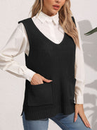 Pocketed V-Neck Sweater Vest - Black / One Size