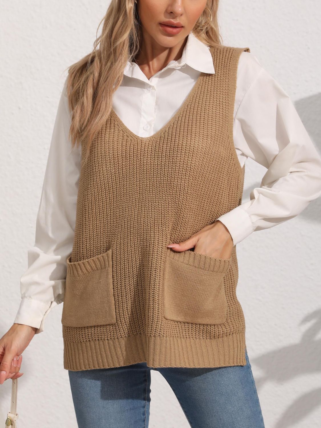 Pocketed V-Neck Sweater Vest - Camel / One Size