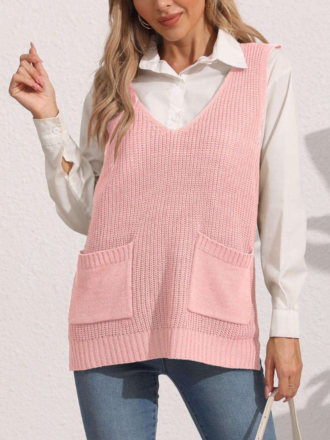 Pocketed V-Neck Sweater Vest - Dusty Pink / One Size