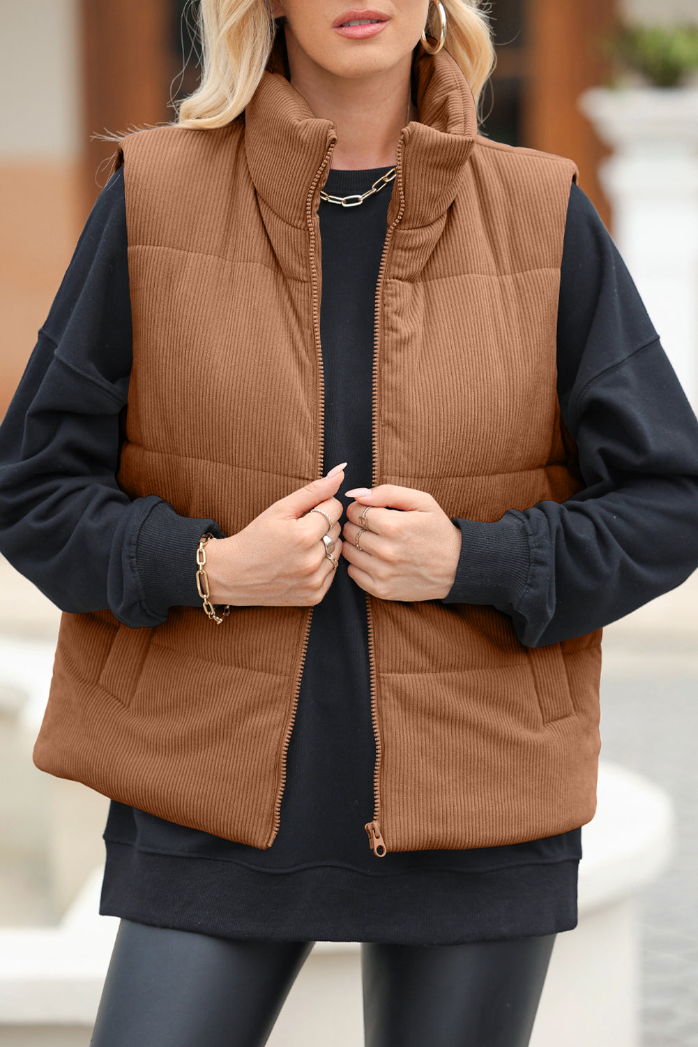 Pocketed Zip Up Turtleneck Vest Coat - Brown / S