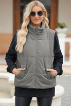 Pocketed Zip Up Turtleneck Vest Coat - Dark Gray / S