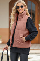 Pocketed Zip Up Turtleneck Vest Coat - Dusty Pink / S